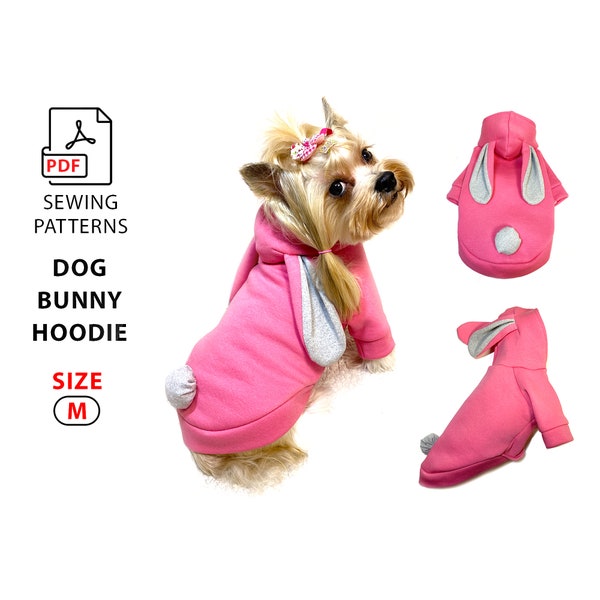 Sudadera con capucha Dog Bunny Talla M PDF Patrón de costura y tutorial de bricolaje paso a paso, para perro pequeño, cachorro o gato, patrón para imprimir en casa A4 o US Letter