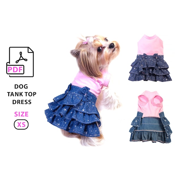 Size XS Dog Dress PDF Sewing Pattern to print and step by step tutorial,  for small dogs breeds, DIY knit top dress with denim ruffled scirt