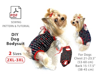 Könnte beinhalten: DIY-Hunde-Bodysuit-Nähmuster und Anleitung im PDF-Format. Das Muster umfasst zwei Größen: 2XL und 3XL. Das Muster ist für Hunde mit einer Brustweite von 53-60 cm und einer Rückenlänge von 38-45 cm geeignet.