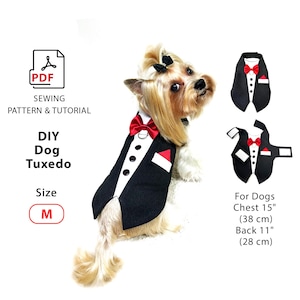 May include: A small dog wearing a black tuxedo with a red bow tie. The tuxedo has white lapels and a pocket square. The image includes a PDF sewing pattern and tutorial for a DIY dog tuxedo, size M. Chest 15 inches (38 cm), back 11 inches (28 cm).