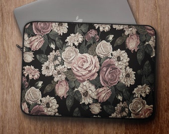 Vintage Rose Floral Laptop Sleeve pour 12, 13, 14, 15 pouces Ordinateurs portables - Étui rembourré pour MacBook, Asus, Acer, HP, Dell, Lenovo, Surface, LG