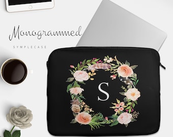 Monogram Floral Laptop Sleeve for MacBook Air MacBook Pro PC 10 13 14 15 inch Personalized Gift Graduation Gift Teacher Gift Back to School