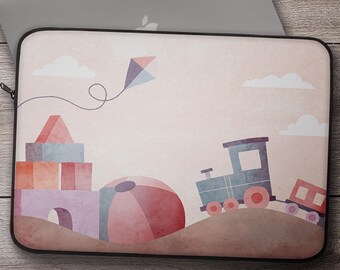Pink Laptop Sleeve: Kids Train & Blocks Neoprene Cover