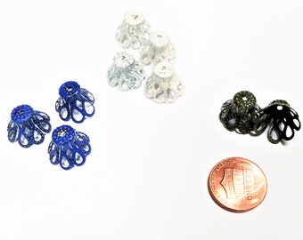 Painted Findings Two Hand Painted Filigree Bead Caps Decorative Vintage Cone Filigree Caps, Long Bead Caps Metal Jewelry Findings