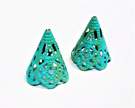 Painted Findings Two Hand Painted Filigree Bead Caps Decorative Vintage Cone Filigree Caps, Long Bead Caps Metal Jewelry Findings