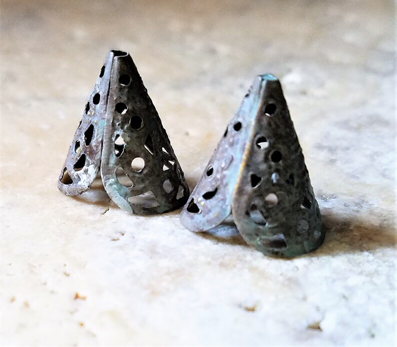Painted Findings Two Hand Painted Filigree Bead Caps Decorative Vintage Cone Filigree Caps, Long Bead Caps Metal Jewelry Findings