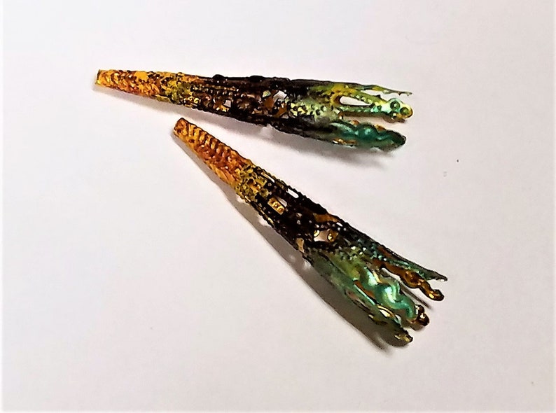 Painted Findings Two Hand Painted Filigree Bead Caps Decorative Vintage Cone Filigree Caps, Long Bead Caps Metal Jewelry Findings