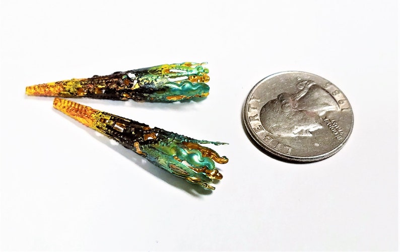 Painted Findings Two Hand Painted Filigree Bead Caps Decorative Vintage Cone Filigree Caps, Long Bead Caps Metal Jewelry Findings
