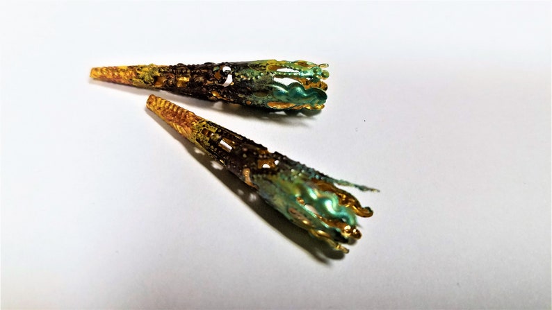 Painted Findings Two Hand Painted Filigree Bead Caps Decorative Vintage Cone Filigree Caps, Long Bead Caps Metal Jewelry Findings