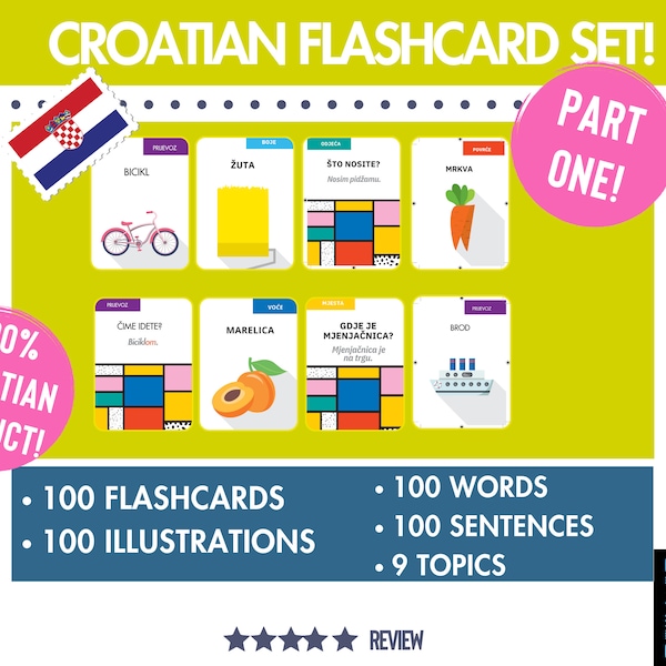 Learn Croatian Easily: Beginner’s Flashcard Set with Illustrated Vocabulary Cards, Croatian Flashcard Set, Illustrated Croatian Word Box