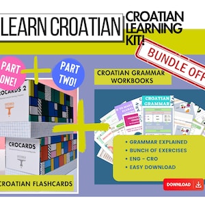May include: A Croatian language learning kit with flashcards and grammar workbooks. The image shows "Crocards" flashcards and workbooks with grammar explanations and exercises. Includes a bundle offer with downloadable content.