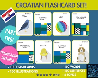 Può includere: Set di flashcard croate con 100 flashcard, 100 illustrazioni, 100 parole, 100 frasi e 6 argomenti. Le flashcard presentano illustrazioni colorate e parole e frasi croate. Il set include un codice QR per risorse aggiuntive.
