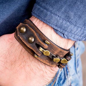 Masculine worn out brown Leather Men Bracelet, Mens Leather Bracelet, Husband Anniversary Gift, mens leather bracelet, leather bracelet men