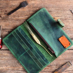 Portefeuille en cuir pour femme, grand portefeuille en cuir vert, grand portefeuille personnalisé à fermeture éclair avec porte-cartes, portefeuille vert, cadeau d'appréciation