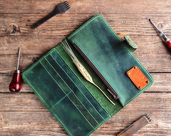 Cartera de cuero para mujer, cartera grande de cuero verde, cartera grande personalizada con cremallera y tarjetero, cartera verde, regalo de agradecimiento.