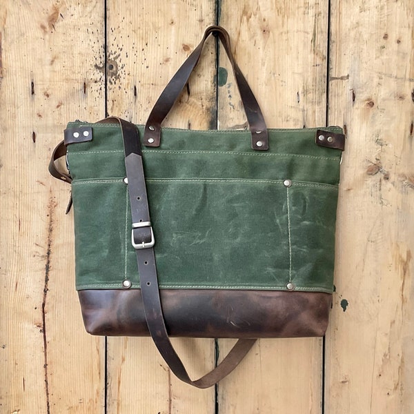 Waxed Canvas Tote Bag, Leather canvas bag, stylish waxed canvas bag