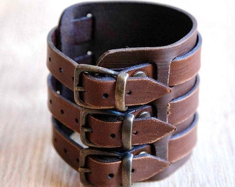 Brown leather cuff for men, wide masculine leather bracelet, handcrafted mens leather bracelet