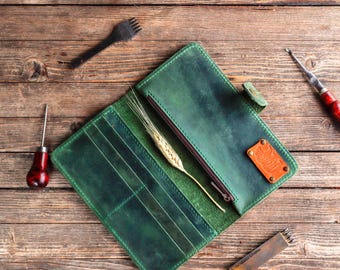 Green leather wallet made of genuine leather 6 card slots and mobile phone case custom anniversary gift for her