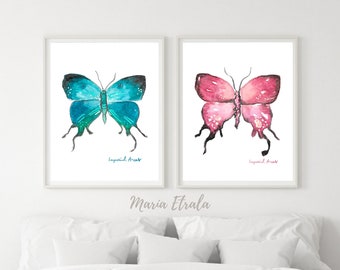 Set of 2 Butterfly Watercolor Prints, Blue and a pink imperial arcas Butterfly, Hand painted watercolor, nursery wall art, kids room decor