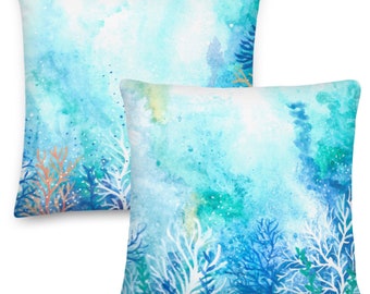 Set of 2 Coral Beach House Pillows, Beach Decor, Coastal Decor Cushion, Coral Reef Watercolor Print, Watercolor art print