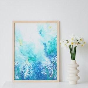 Blue Coral Reef Watercolor painting, Ocean wall art, Art Print, Coastal Decor, Beach Decor, Bathroom wall art, Underwater Art