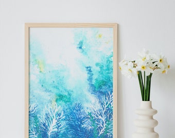 Blue Coral Reef Watercolor painting, Ocean wall art, Art Print, Coastal Decor, Beach Decor, Bathroom wall art, Underwater Art