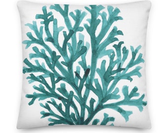 Teal beach home decor pillows, watercolor art print premium pillow for outdoor decor, Front and Back different prints