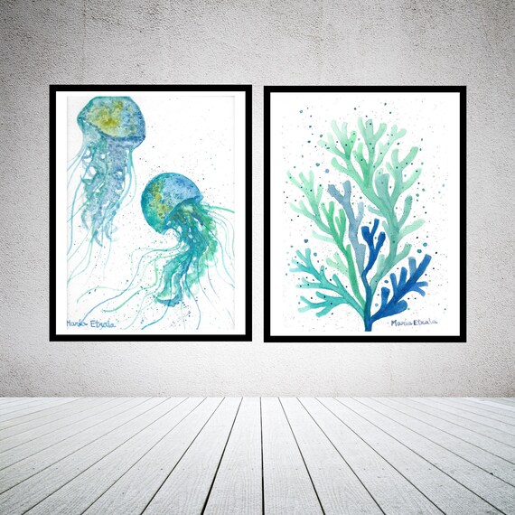arte de la pared de la acuarela medusa, impresión de medusas, vida marina, impresiones submarinas, decoración de la pared de la playa, decoración costera, bajo el vivero temático del mar