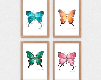 Watercolor Set of 4 Butterfly Prints, Pink Imperial Arcas, Turquoise Imperial Arcas, Emerald Swallotail Butterfly, nursery kids wall art