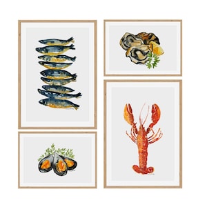 Lobster and Seafood Set of 4 hand painted Watercolour Prints, kitchen wall art decor, beach house wall art, set of watercolor prints