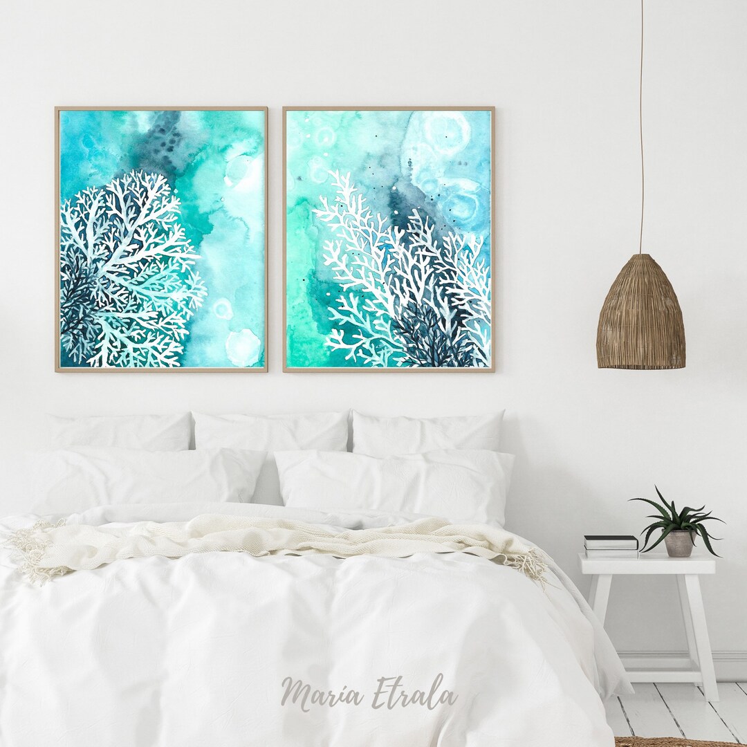 White and Blue Coral Reef Set of 2 Watercolor Prints, Coastal Wall Art