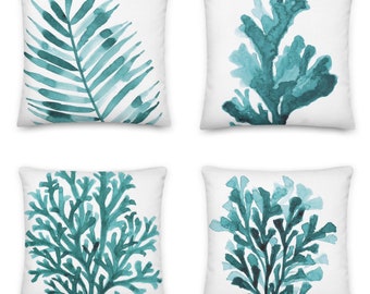 Set of 4 Beach house Pillows, Teal plants and corals for beach decor, double side print, different front and back prints