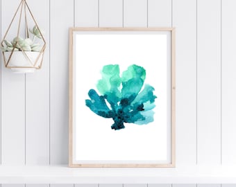 New Teal Watercolor Coral Reef Print, Ocean wall art, Bathroom wall art, Coastal Wall Art, Beach home Decor, Underwater Painting