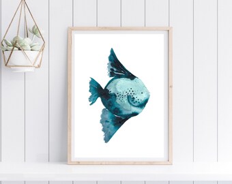 New Blue Tropical Fish Print, Ocean wall art, Blue fish Watercolor and Ink painting, Coastal Decor, Bathroom Wall Art, Tropical art