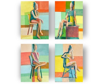 Set of 4 Cubist Women Paintings, Acrylic Painting on Canvas, Modern Art, Limited edition Prints