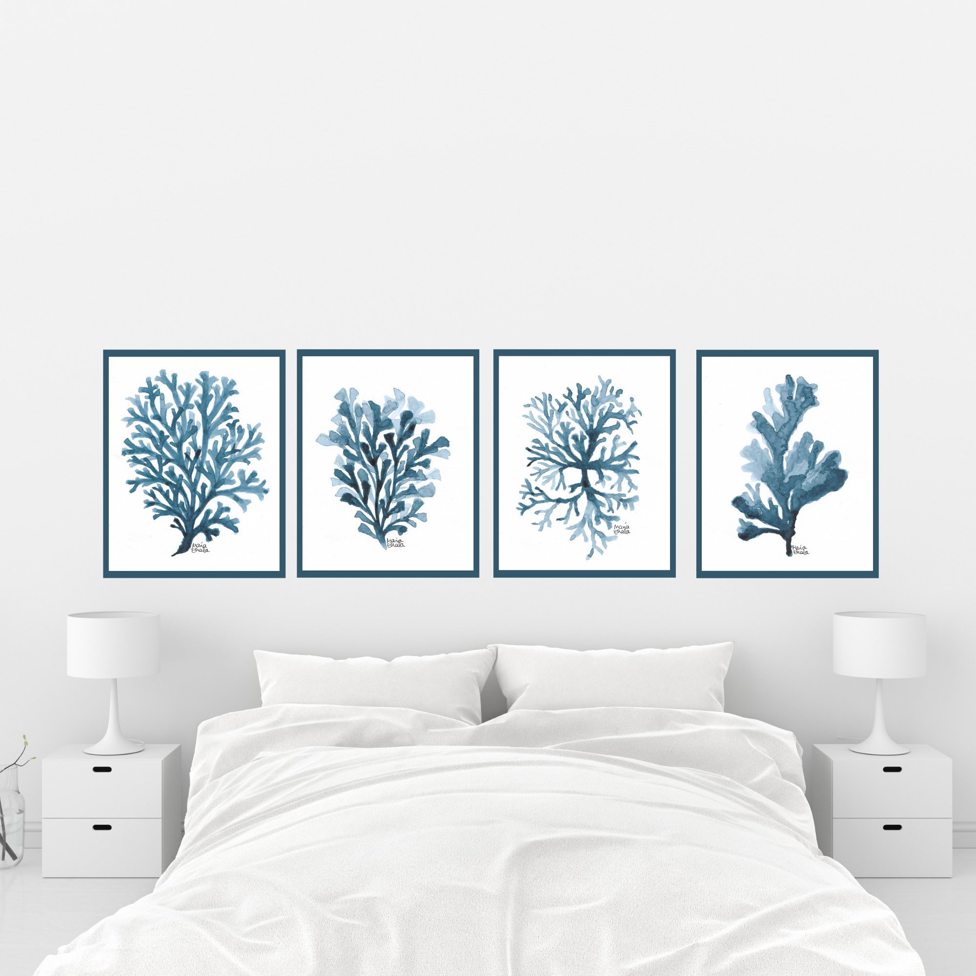 Marine blau Koralle Satz von 4 Druck Algen Wandkunst | Etsy