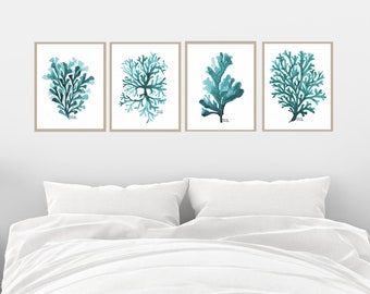 Teal Coral reef set of 4 watercolor prints, Ocean wall art, Bathroom Decor, Coastal Wall Art, Beach decor, Ocean, Sea,  underwater art