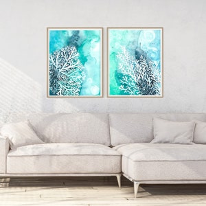 Coral Reef Set of 2 Watercolor Prints, White and Blue Ocean art, Coastal Painting, Bathroom Wall Art, beach home decor