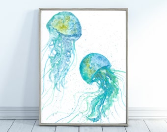 Jellyfish Watercolor Print, Ocean wall art, Coastal Wall Art, Beach House Decor, underwater art, Bathroom Wall Art, Underwater Art