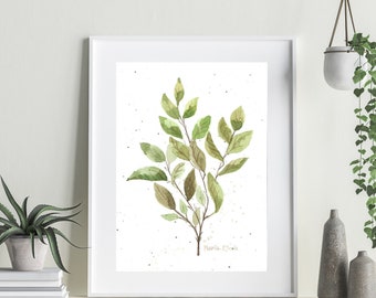 Botanical Watercolor Art Print, Green leaves watercolour, green wall decor, green wall art, plants painting, plants wall decor