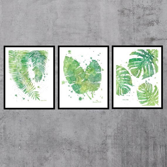 Impresión de arte de la pared de la hoja de plátano tropical, impresión de hojas tropicales verdes, pintura de acuarela de hoja tropical, decoración de temática tropical