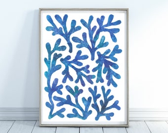 Abstract Blue Coral Print, Ocean wall art, Abstract painting, Modern Art, Beach Decor, Bathroom Decor, Matisse Inspired Print