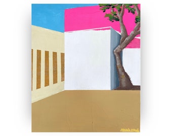 Original Cubist Acrylic Painting on Canvas, Casa Gilardi Mexican Architect Luis Barragán, contemporary, modern, architectural art