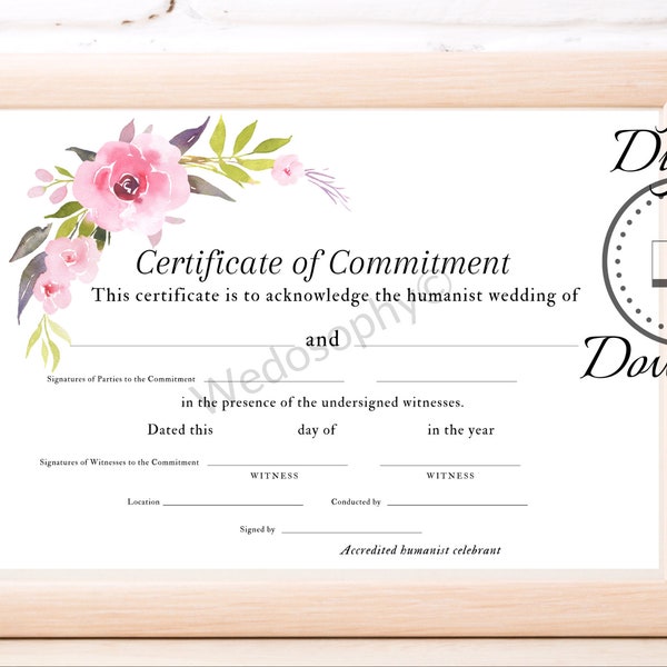 Certificate of Commitment, Humanist Celebrant Ceremony Certificate Digital Download, Humanist Marriage Certificate, Wedding Certificate