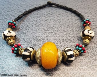 African copal amber batik bone brass beads macrame turquoise necklace