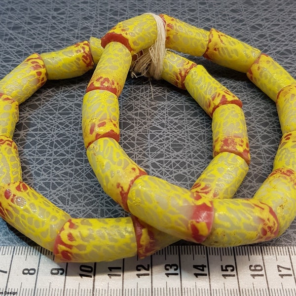 Big chunky unusual sorbet yellow and brickred Krobo beads 2.5x1.5 cm