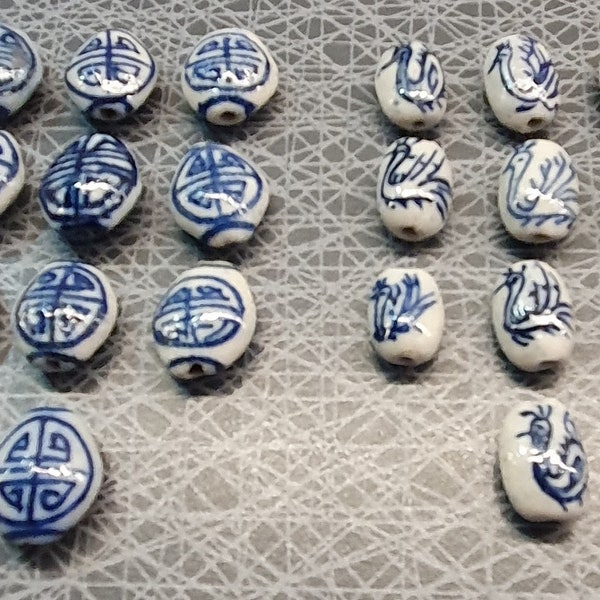 Handpainted Chinese blue and white longevity bird porcelain beads 2 different patterns