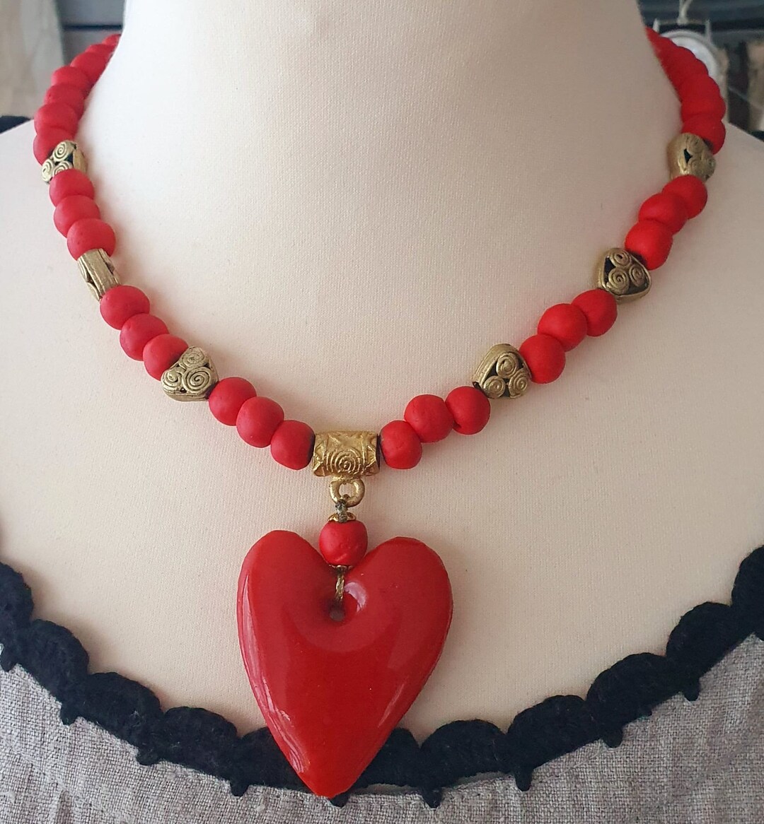 African Red Glass Heart and Beads, Ashanti Lost Wax Brass Bead Boho ...