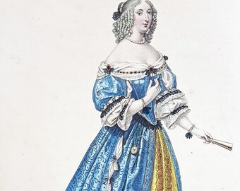 Fashion hand-coloured aquatint of Mlle de Montpensier, Anne-Marie-Louise d'Orleans