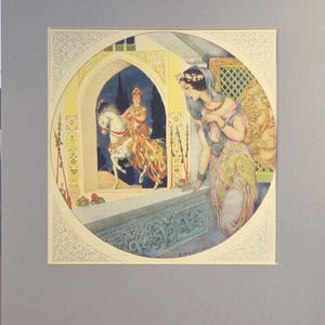 May include: A circular illustration featuring a person in a pink and gold dress standing on a balcony, looking toward a rider on a white horse in a dark, arched doorway. The scene includes intricate architectural details and a soft color palette.